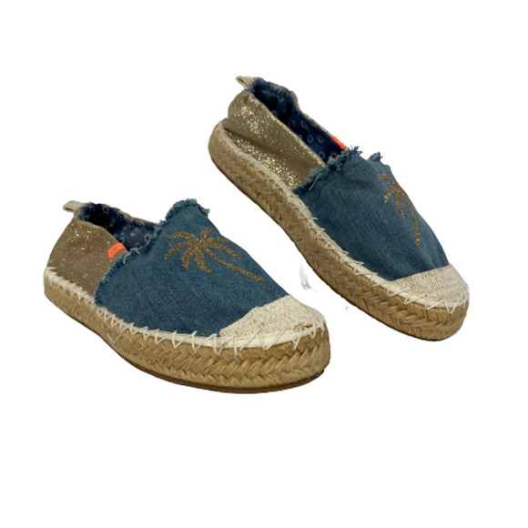 Kim Kay London Womens Sz 10 Blue Gold Palm Tree Glitter Stretch Flat Espadrilles - Picture 1 of 7